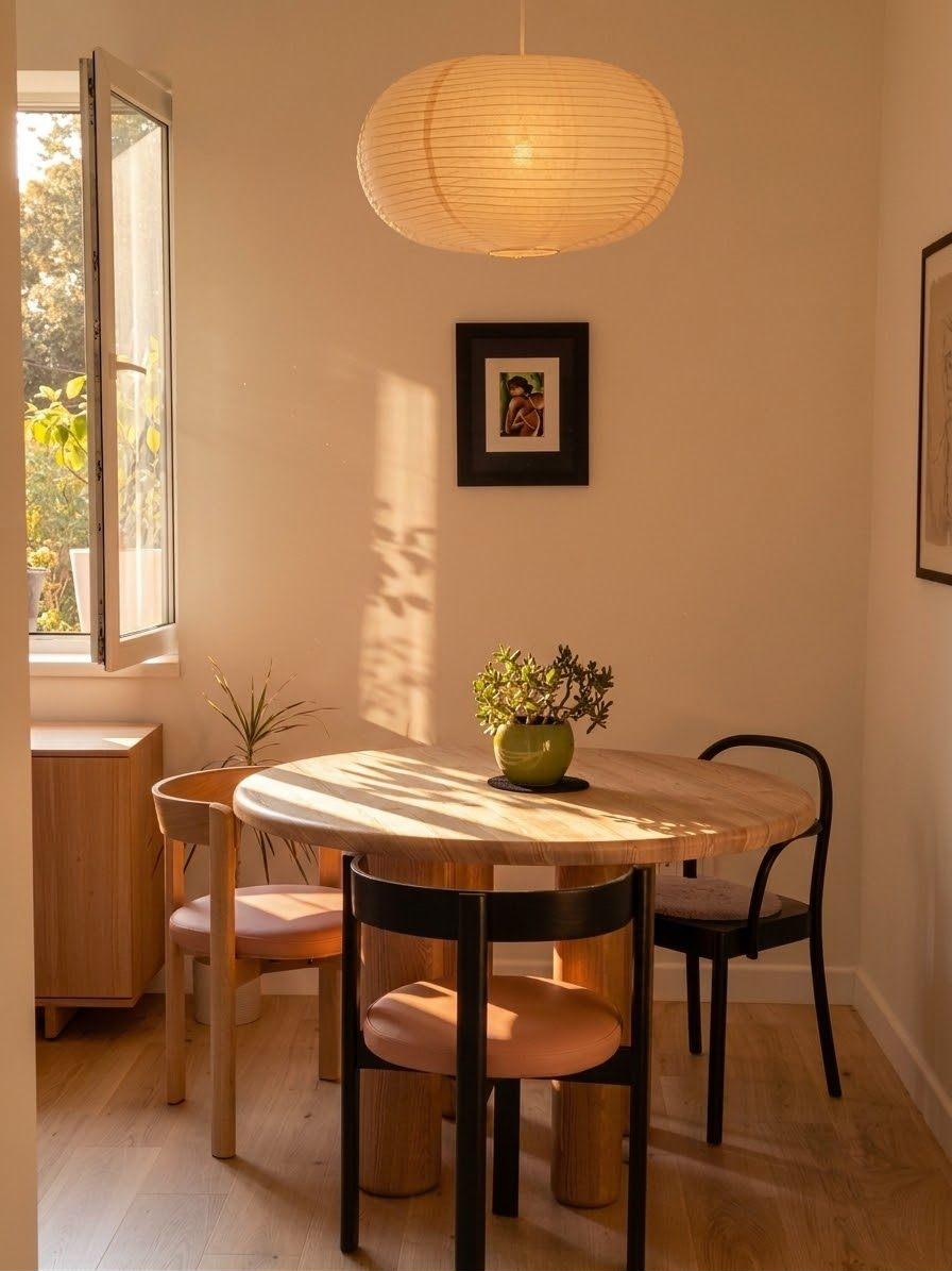 Round dining table under a paper lantern, late sun casting foliage shadow across the wood