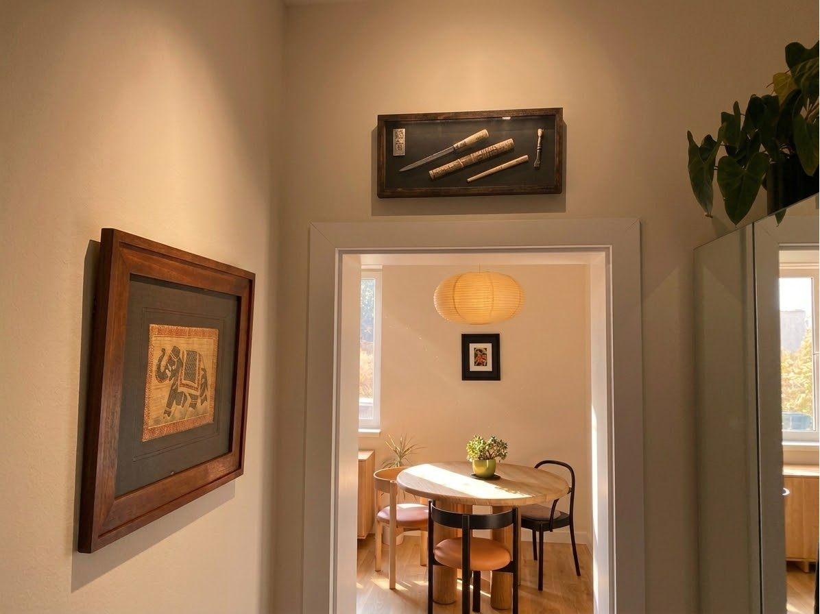 Gallery wall of found objects and textiles: an antique clock, painted plates, an embroidered panel, arranged above a small dining table