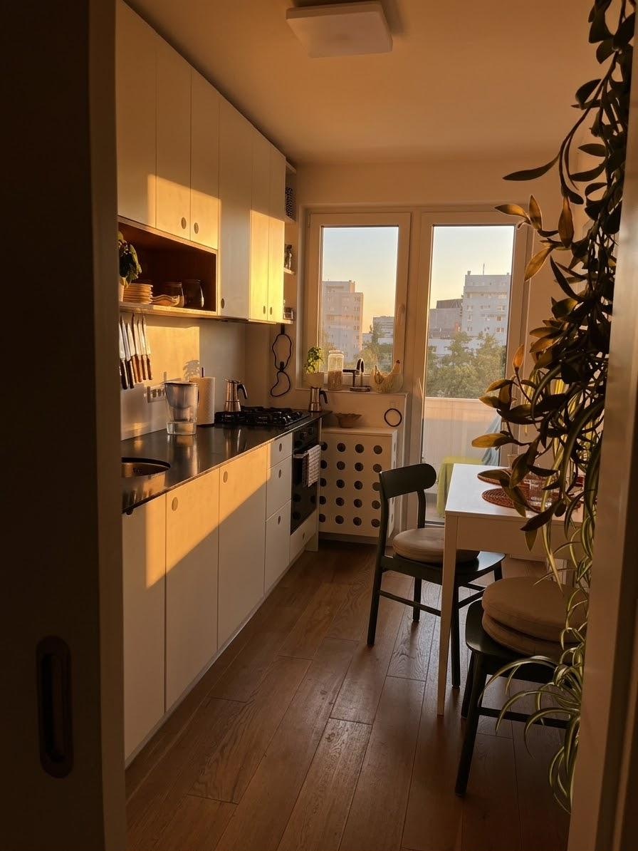 The kitchen seen through the doorway, evening light across the floor