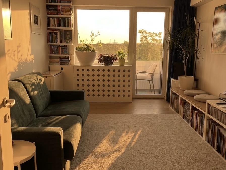 Living room, window-bar shadows falling across the rug at golden hour