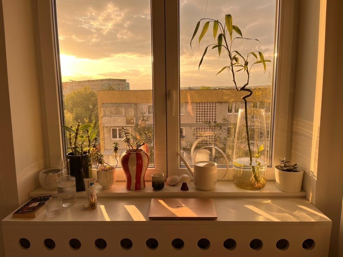 Windowsill still life, plants and objects against the sunset skyline