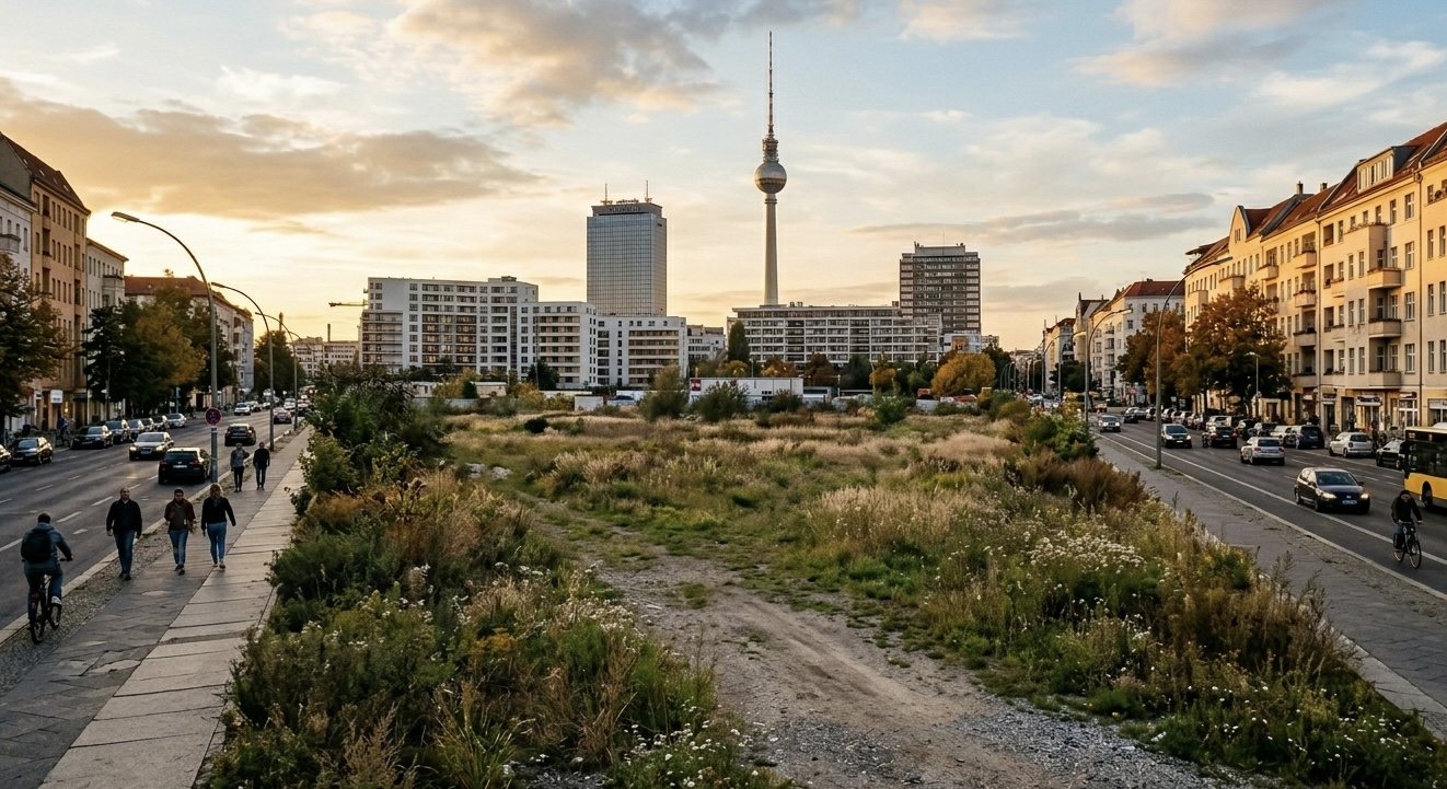 An overgrown vacant lot between two Berlin streets at sunset, with the Fernsehturm rising behind it