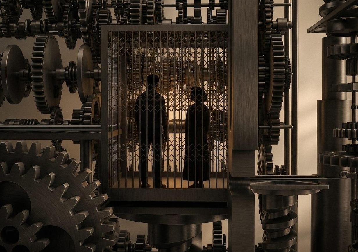 Two figures inside the elevator car, silhouetted, facing into the gears