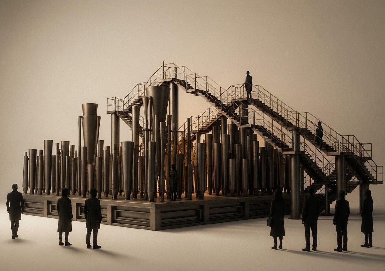 The stage of pipes and staircases, greeters watching from the floor below