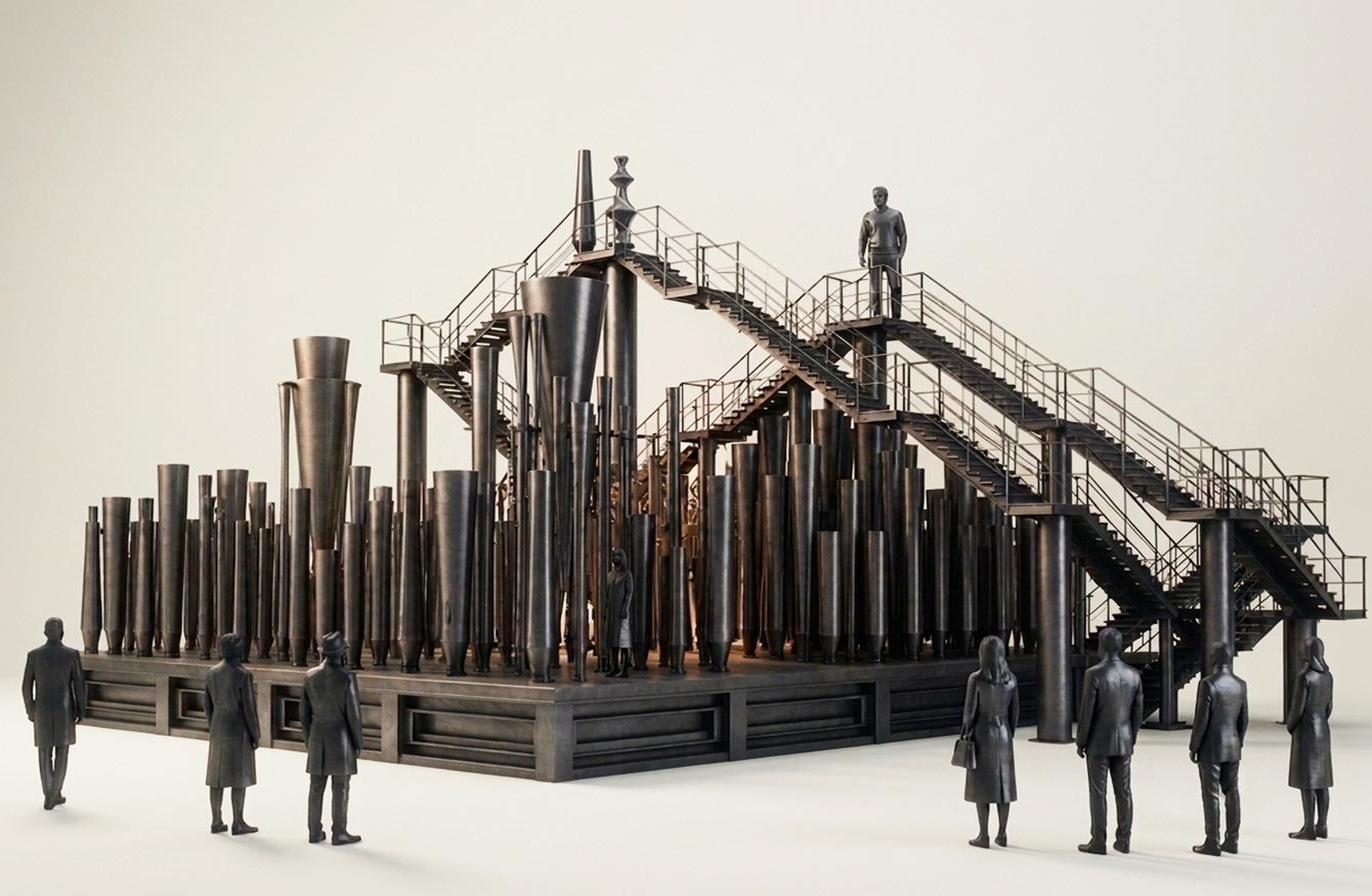 The Masques, full stage — pipes, stairs, and figures in the departures hall installation