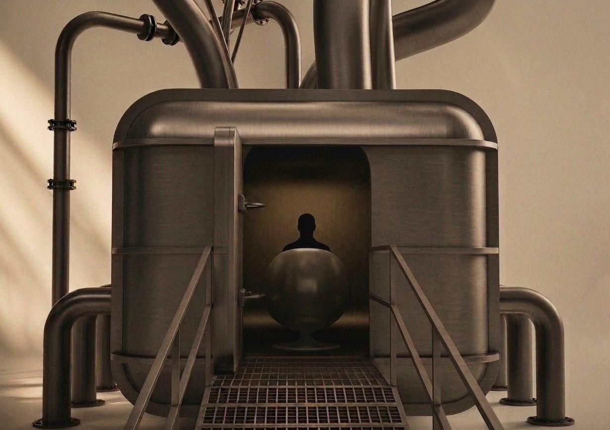 A passenger seated within the chamber, silhouetted, seen from behind