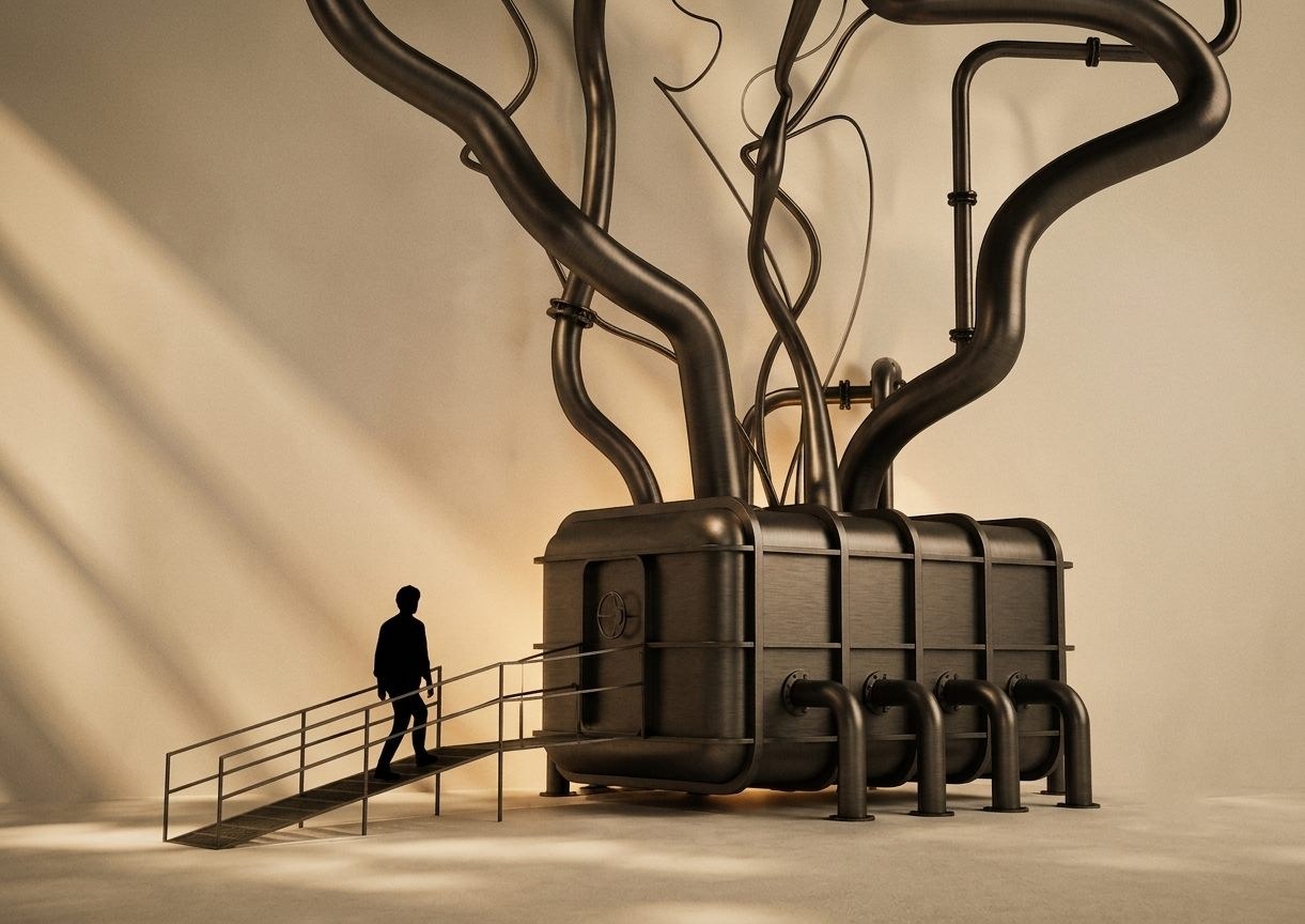 The trance chamber vessel, breathing tubes rising from it like roots, a figure approaching