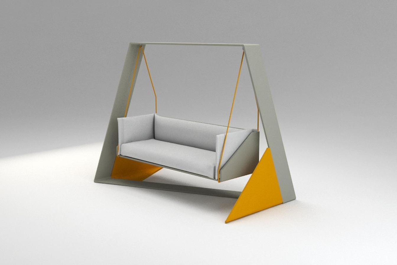 The Swing, three-quarter view render, grey and ochre A-frame