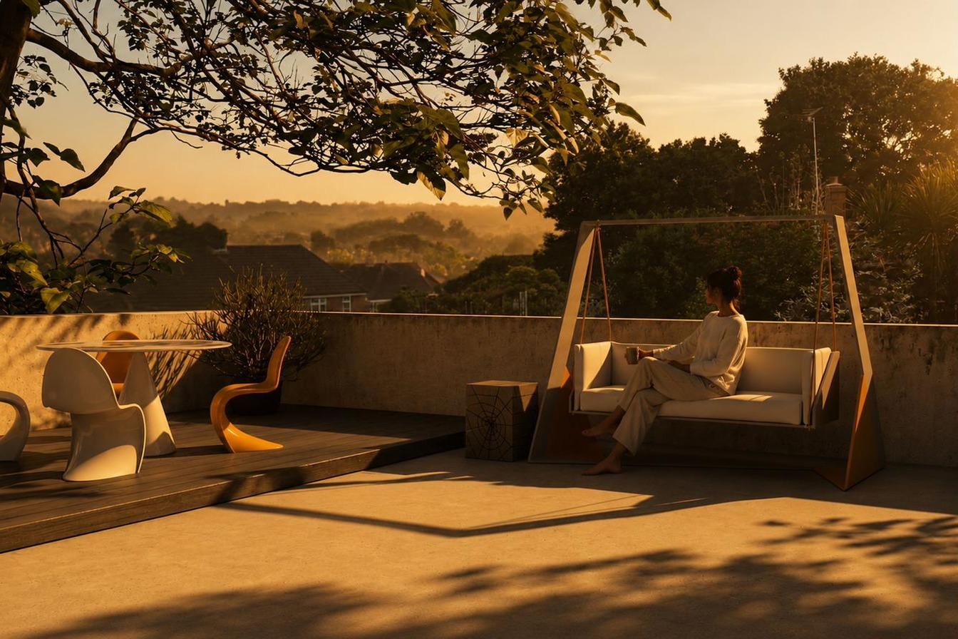 The Swing at golden hour on a rooftop terrace, someone seated with a coffee