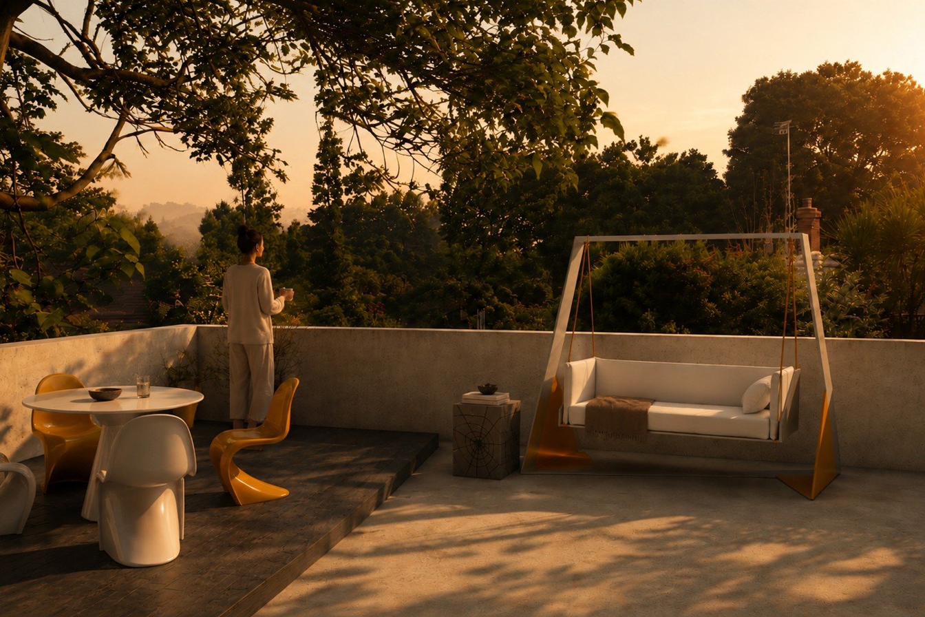 A rooftop terrace at sunrise, the Swing empty, someone standing at the parapet with a coffee