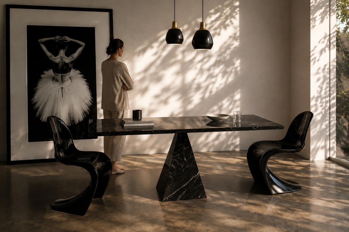 The Table by daylight, someone standing before a ballet print in the room beyond it